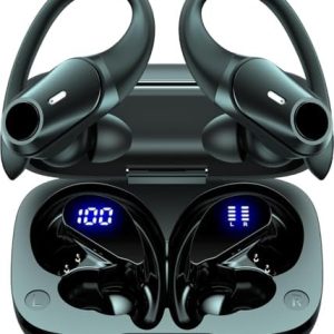 GOLREX Active Noise Cancelling Ear Buds Wireless Earbuds Bluetooth Headphones with 80H Playtime LED Display Charging Case, Over Ear Earphones with Hooks for Sports Running Gym Workout Black