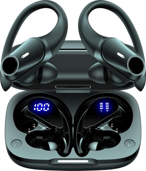 GOLREX Active Noise Cancelling Ear Buds Wireless Earbuds Bluetooth Headphones with 80H Playtime LED Display Charging Case, Over Ear Earphones with Hooks for Sports Running Gym Workout Black - Image 9